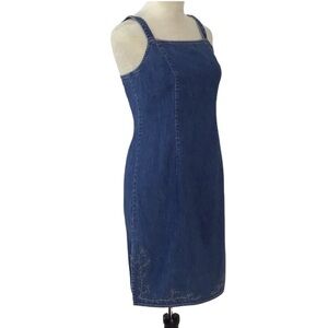 Ann Taylor Loft Denim Floral Embroidered Hem Cotton Sundress Size 4